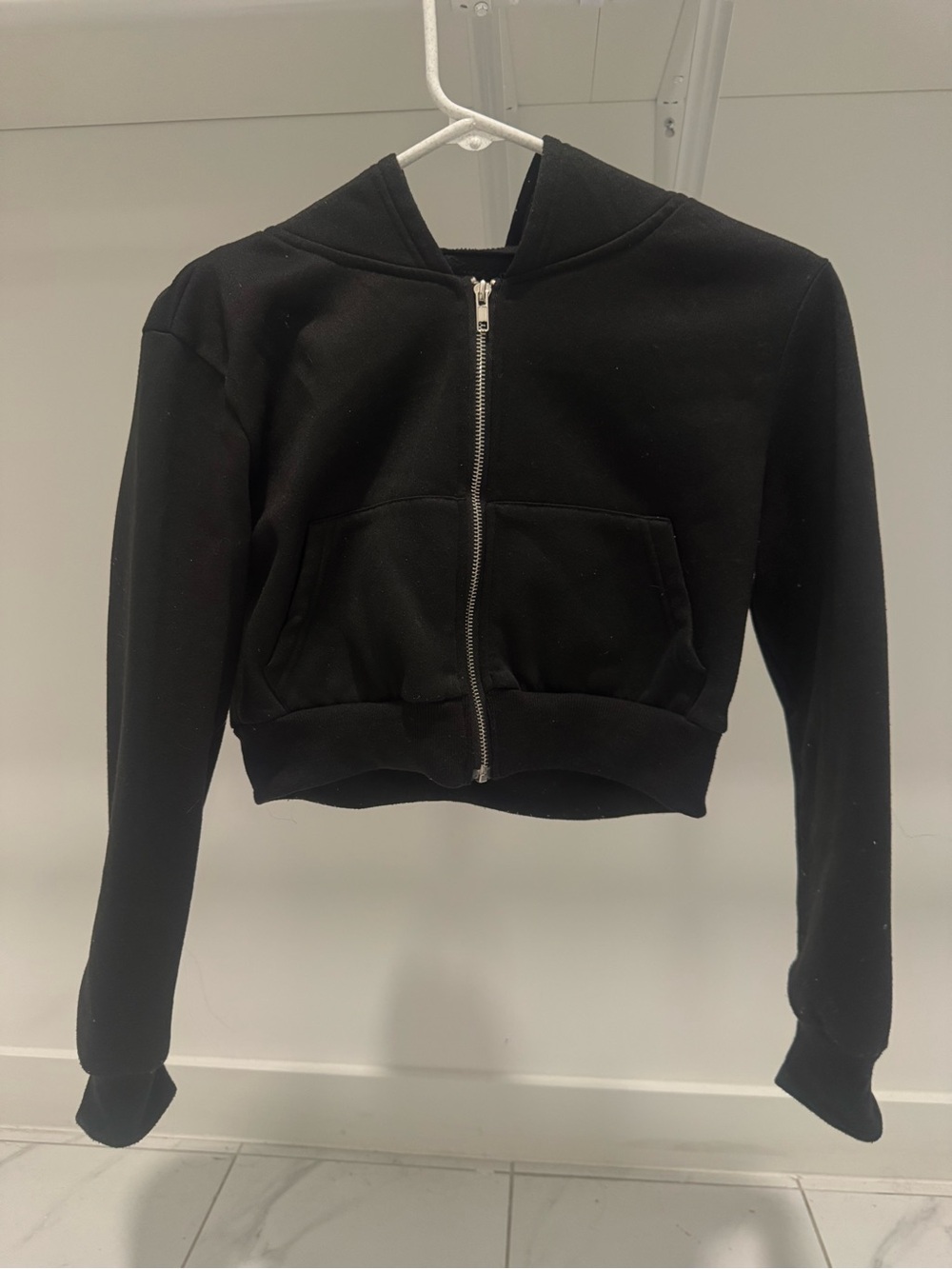 Cropped Black Zip-Front Bomber Hoodie